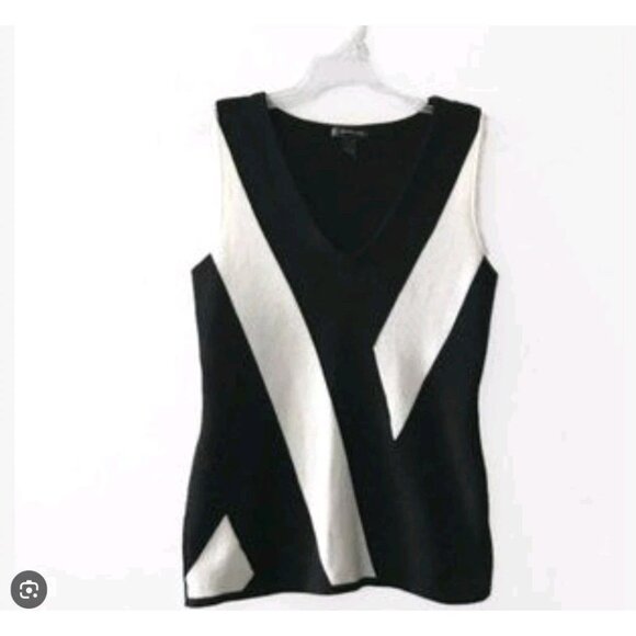 INC International Concepts Colorblock Sweater Vest Black White V Neck Knit Top L - Picture 1 of 9